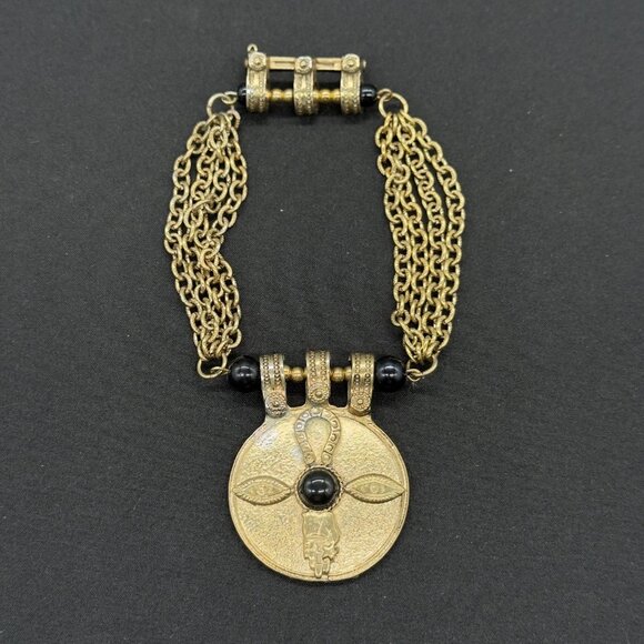 Jewelry - Vintage Egyptian Revival Gold Tone Chain Statement Brooch Pin Black Cabochons